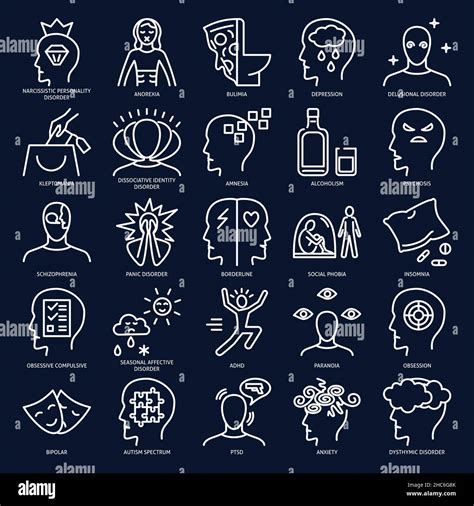 Mental Illness Icon Collection In Thin Line Style Psychological