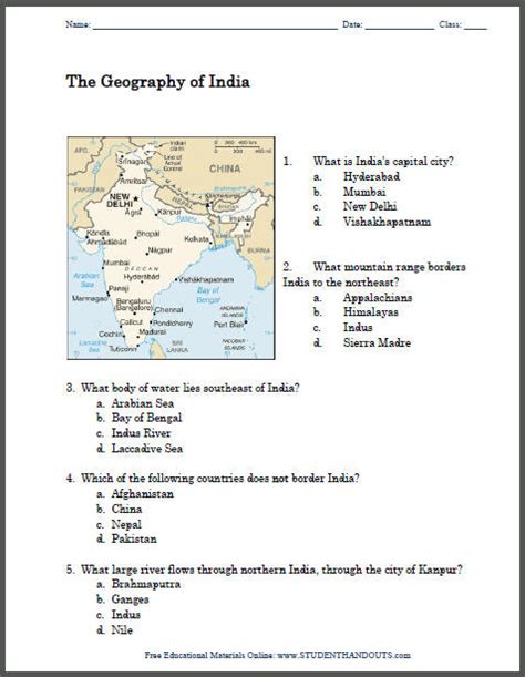 Geography Of India Printable Map Worksheet Babe Handouts Geography Worksheets Social