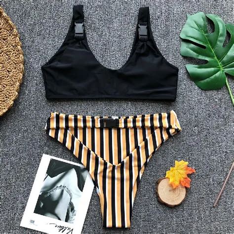 Buy 2018 Women Vertical Stripes Bikinis Swimwear High Waist Hollowing Beach