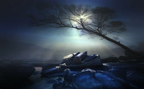 Free Download Nature Landscape Moon Trees Mist Boat Ice Night