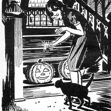 An Old Black And White Drawing Of A Person With A Dog Next To A Pumpkin