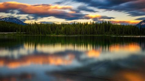 Sunset Over Herbert Lake At Icefields Parkway In Banff National Park
