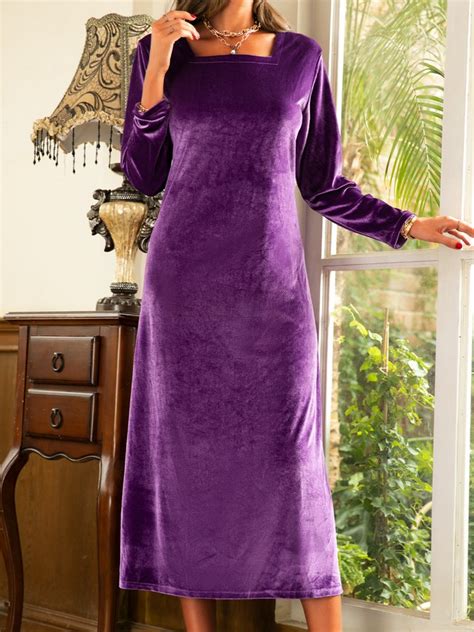 Women Gray Square Neck Plain Velvet Elegant Weaving Dress Noracora