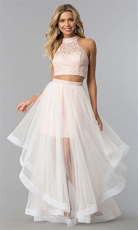 Tiered Lace Top Two Piece Long Prom Dress Promgirl