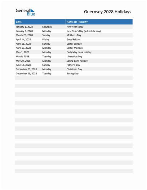 2028 Guernsey List Of Holidays In Pdf Word And Excel