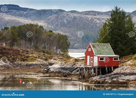 Red Wooden House On The Coast In Norway Stock Photography Image 34570712