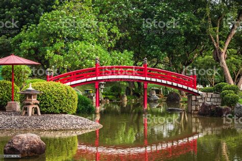 Red Wooden Bridge At The Japanese Garden Stock Photo Download Image