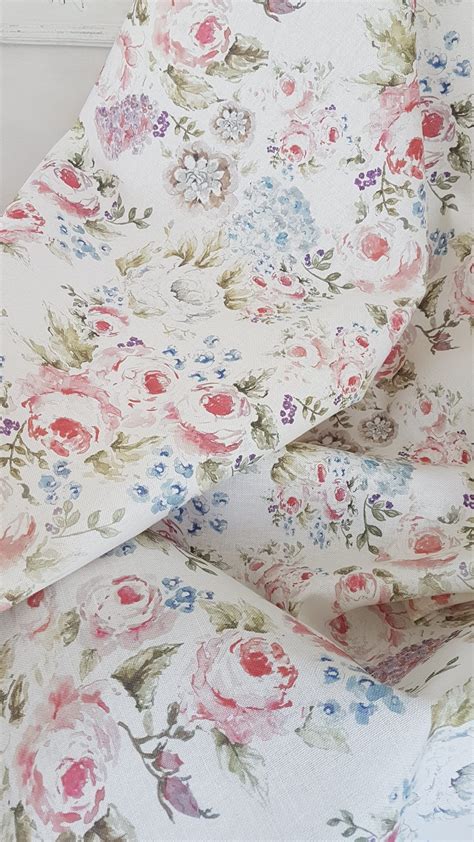 Cabbage Roses Vintage Style Floral Linen Fabric Rose And Foxgloves