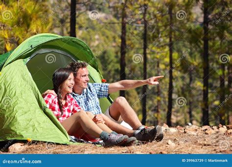 Camping Couple In Tent Sitting Looking At View Stock Image Image Of Forest Camping 39963739
