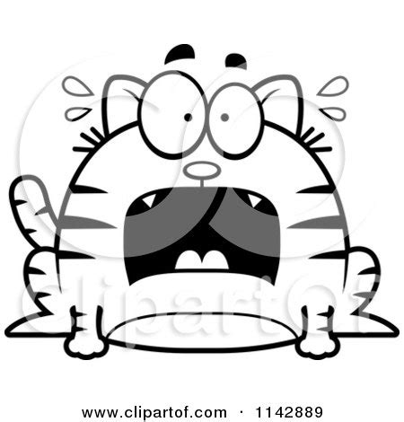Cartoon Clipart Of A Black And White Chubby Scared Tabby Cat - Vector