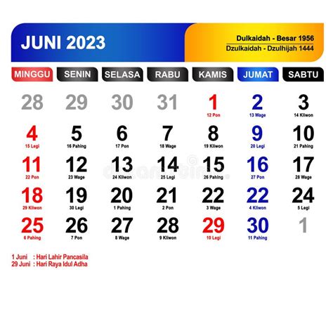 Kalender Bulan Juni Lengkap Dengan Hari Libur Photo Stock Illustration Du Pouvez Juillet
