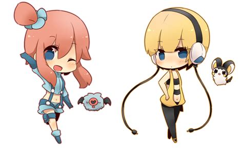 Safebooru 2girls D Blonde Hair Blue Eyes Chibi Emolga Fuuro Pokemon Hand On Hip Headphones