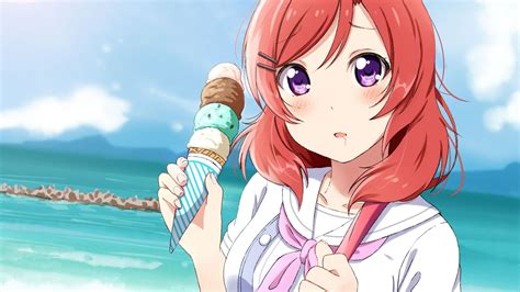 desktop wallpaper maki nishikino eating ice cream red head anime girl hd image picture