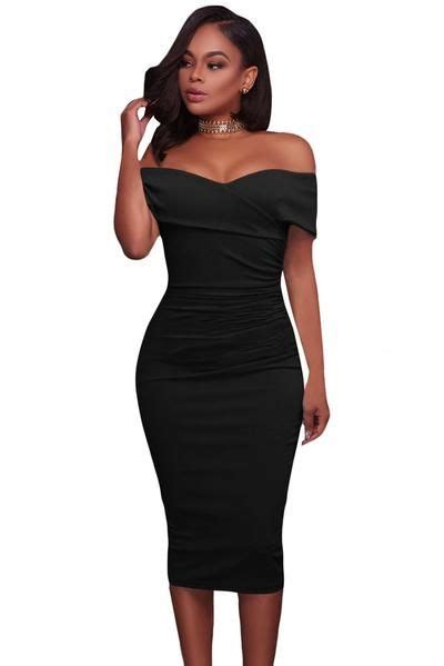 Her Trendy Red Ruched Off Shoulder Bodycon Cocktail Midi Dress Black