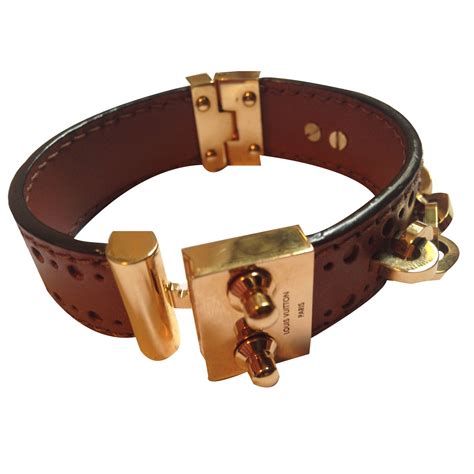 Bracelet Louis Vuitton Cuir Et Or Marron Ref18874 Joli Closet
