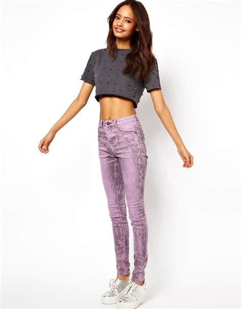 Pink Asos Ridley High Waist Ultra Skinny Jeans In Pink Marble Wash At