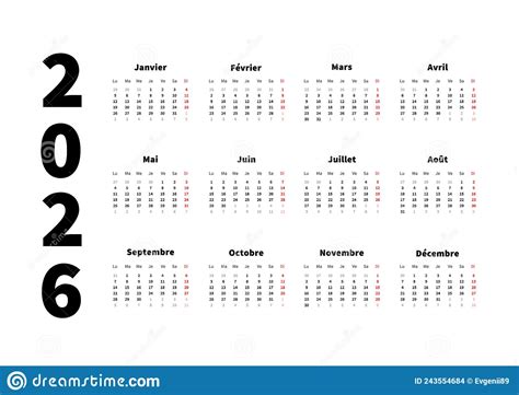 2026 Simple Horizontal Pocket Calendar Grid Template Isolated On White