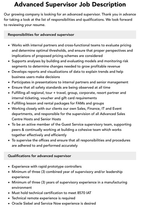 Advanced Supervisor Job Description Velvet Jobs