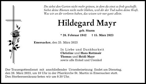 Traueranzeigen Von Hildegard Mayr Augsburger Allgemeine Zeitung