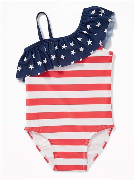 Old Navy Ruffled Flag Print One Shoulder Swimsuit For Toddler Girls