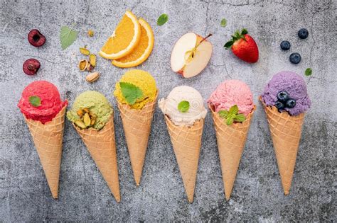 Various Of Ice Cream Flavor In Cones Blueberry Green Tea Pistachio