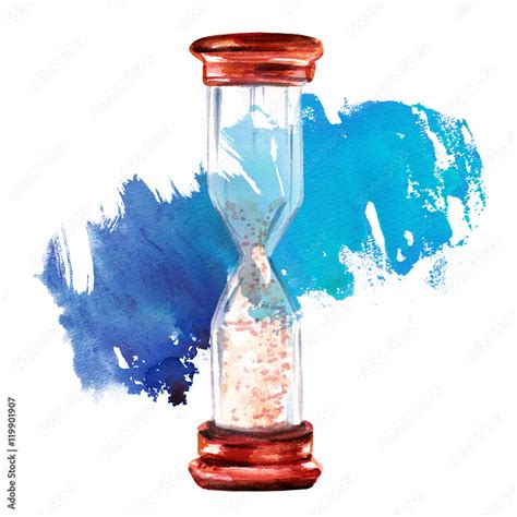 Watercolor Drawing Of Vintage Hourglass With Teal Texture Stock