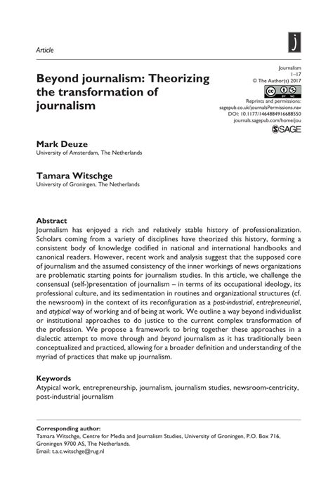 Pdf Beyond Journalism Theorizing The Transformation Of Journalism