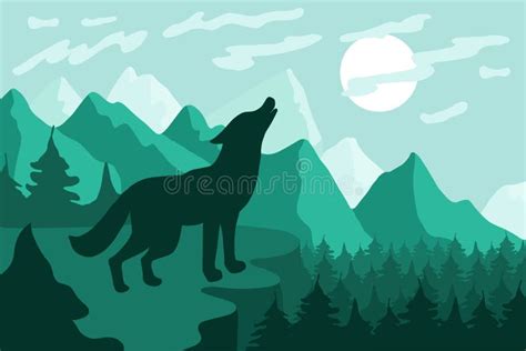 Landscape With Wolf Silhouette Flat Vector Illustration Stock Vector