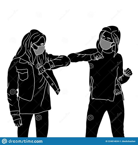 Two Friends Elbow Touch Friends In Mask Silhouette On White Background