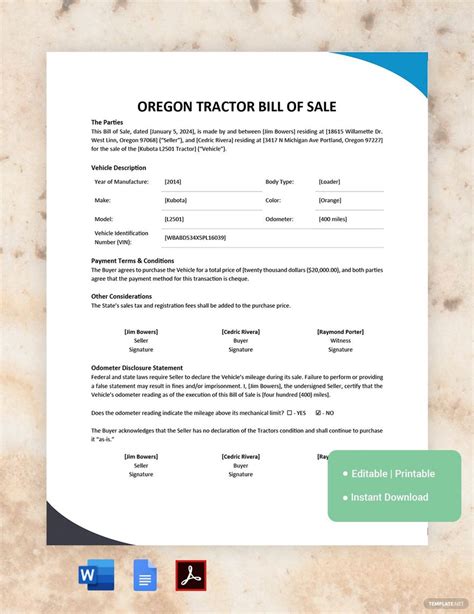 Oregon Tractor Bill Of Sale Template In Google Docs Pdf Word Download Template Net