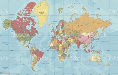 Detailed Political World Map In Mercator Projection Stock Illustration