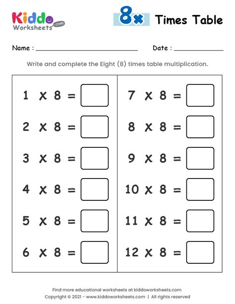 8 Times Tables Multiplication Worksheets