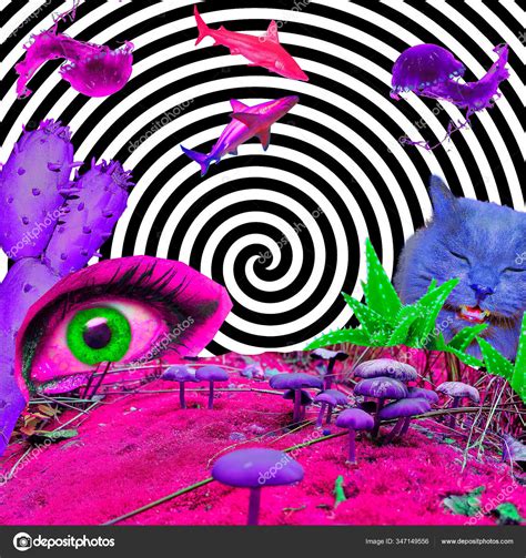 Contemporary Art Collage Psychedelic Hallucination Mushrooms Mood Stock