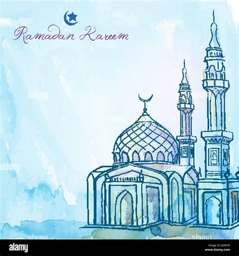 Ramadan Kareem Greeting Background Mosque Watercolor Sketch Stock