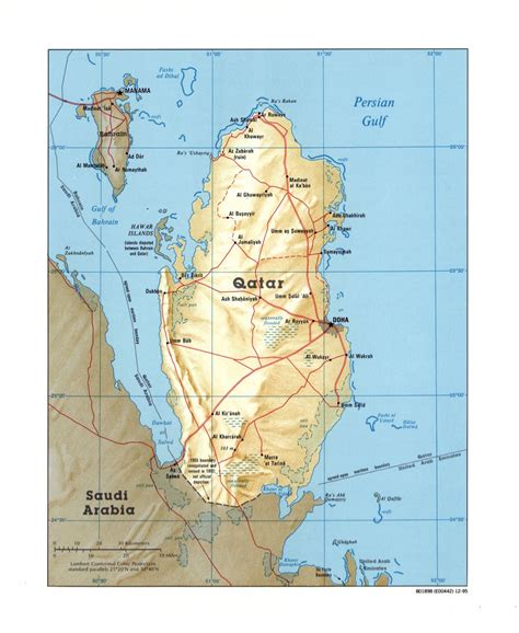 Physical map of qatar showing major cities, terrain, national parks, rivers, and surrounding countries with international borders and outline maps. Large detailed political map of Qatar with relief, roads ...