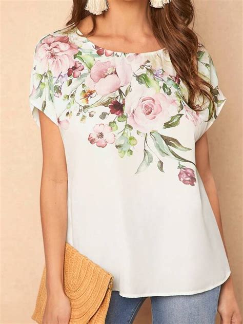 Shein Lune Floral Print Batwing Sleeve Blouse Shein