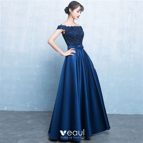 Elegant Navy Blue Satin Bridesmaid Dresses 2019 A Line Princess Off