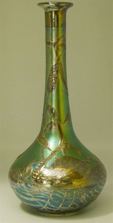 Art Nouveau Loetz Iridescent Glass Vase Sterling Overlay With Swan Amongst Water Lilies