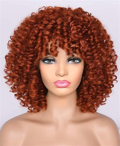 Orange Afro Kinky Curly Wig With Bangs Puffy Yellow Short Curly Womens Wigs Natural Synthetic