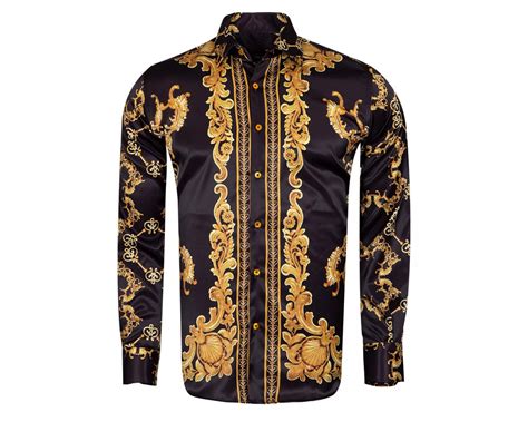 Sl 6940 Mens Black And Gold Print Long Sleeved Satin Shirt Quality