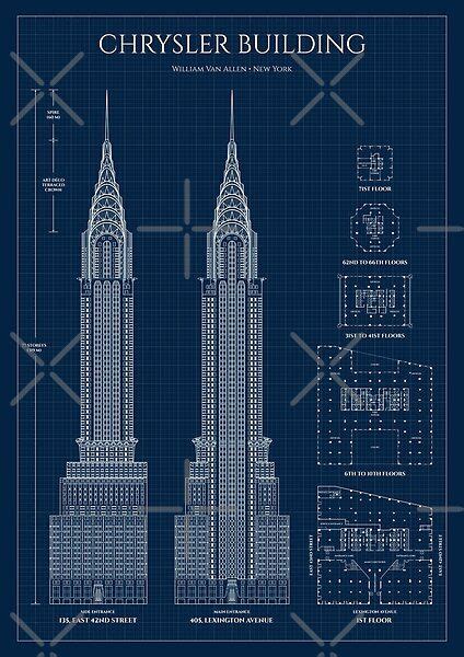 Chrysler Building Elevation Plan And Floorplans Navy Blueprint Side
