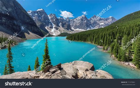 Beautiful Turquoise Waters Moraine Lake Snowcovered Stock Photo