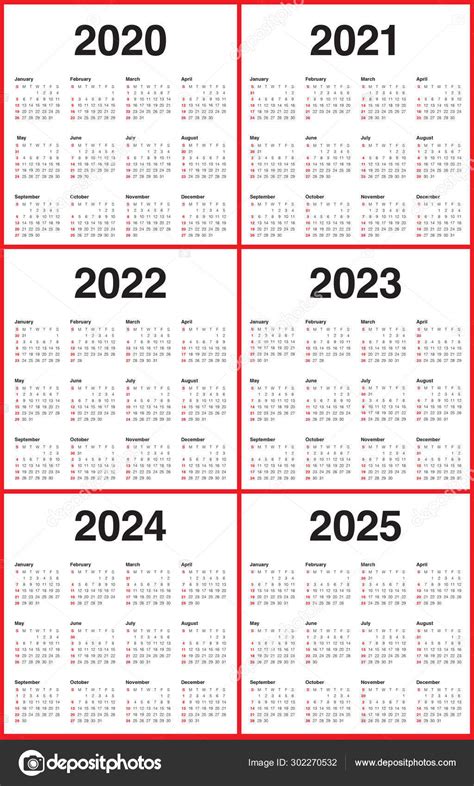 Year 2020 2021 2022 2023 2024 2025 Calendar Vector Design Templa Stock