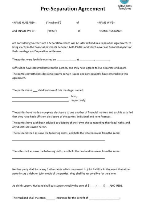 Pre Separation Agreement Templates At Allbusinesstemplates Com Divorce Agreement Separation