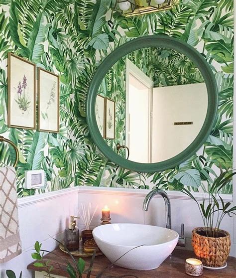 Tropical Green Powder Room Palm Leaf Wallpaper Banana Leaf Wallpaper