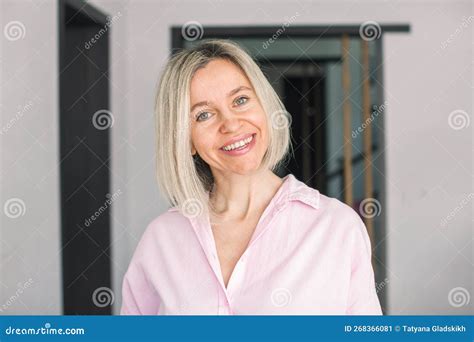 Smiling Middle Aged Mature Woman Looking At Camera At Home Stock Image Image Of Joyful