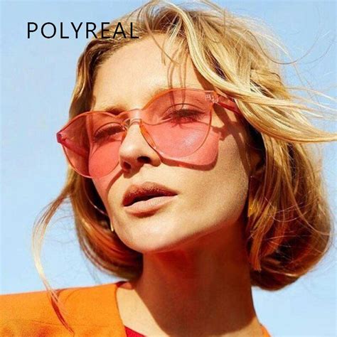 Polyreal Ladies Cat Eye Rimless Sunglasses Women Cateye Integrated Clear Candy Color Sun Glasses