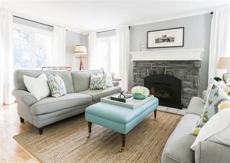 Blue And Gray Living Room With Bench As Coffee Table Transitional