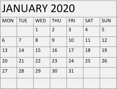 January 2020 Calendar Template Printable In Pdf Word Excel With Images