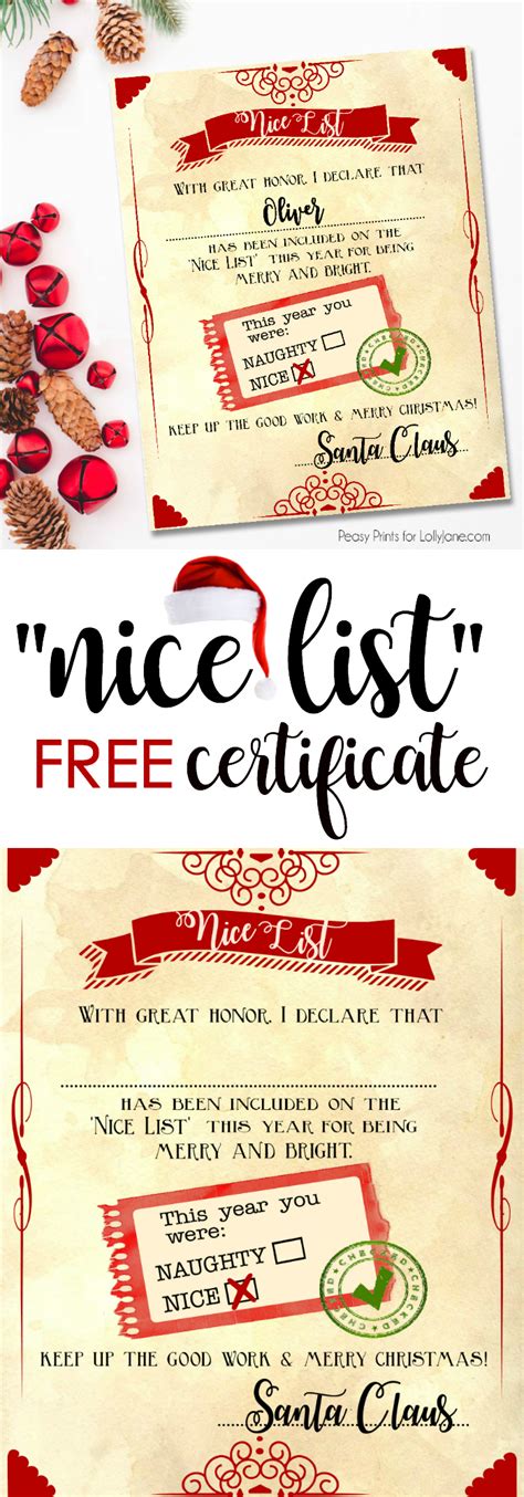 Loose certificate template printable award certificates fulfillment templates. Santa "nice list" free printable certificate